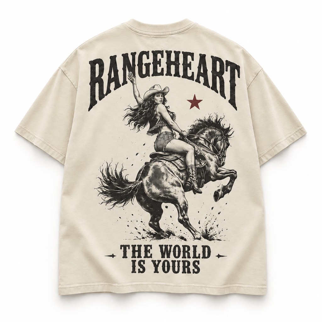 RANGEHEART Yours to Ride Boxy Tee in bone — back artwork on white