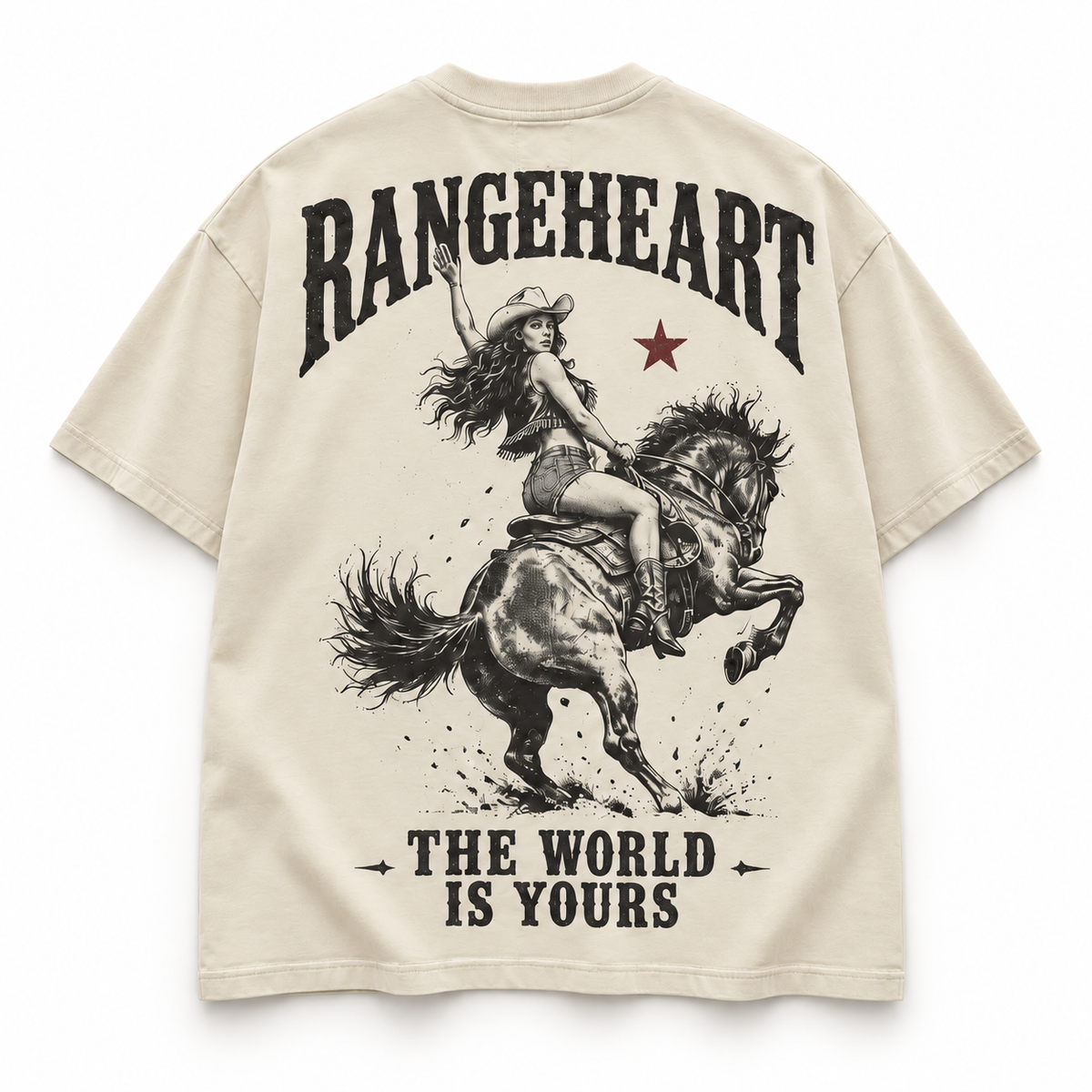 RANGEHEART Yours to Ride Boxy Tee in bone — back artwork on white