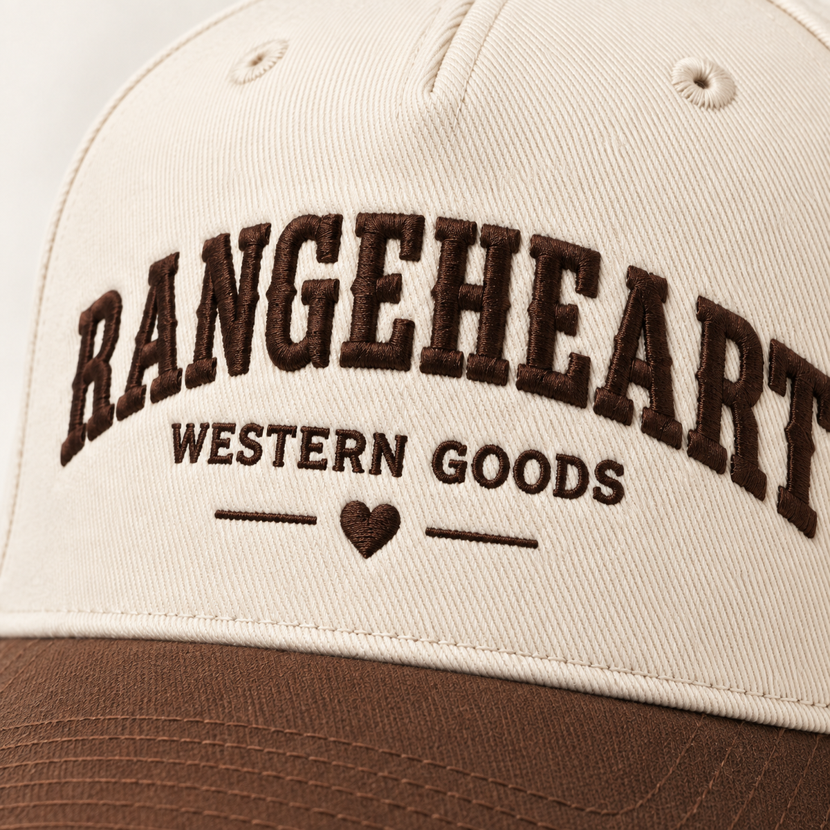 Western Goods Cap in Cream / tobacco — embroidery detail