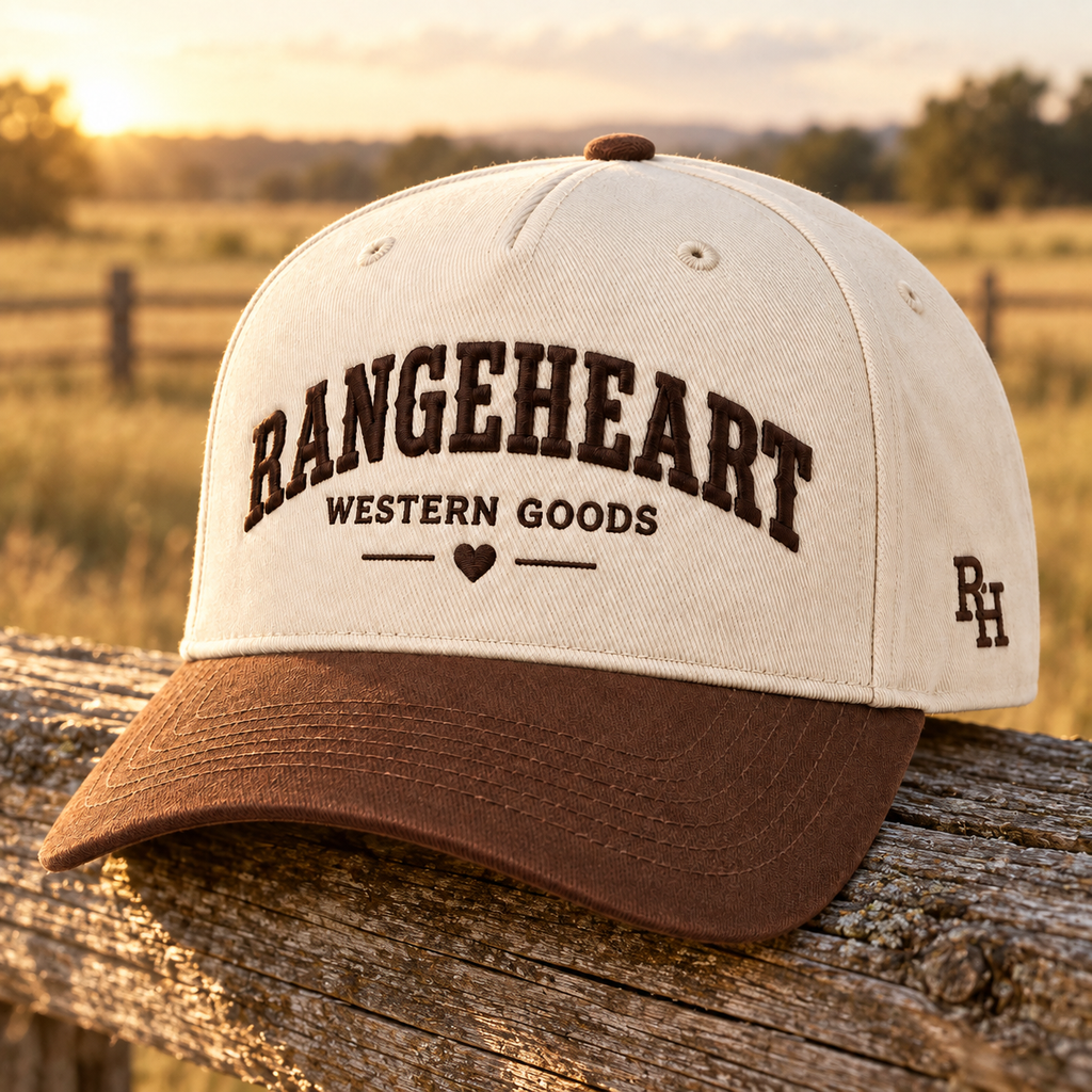 Western Goods Cap in Cream / tobacco — in golden sunlight
