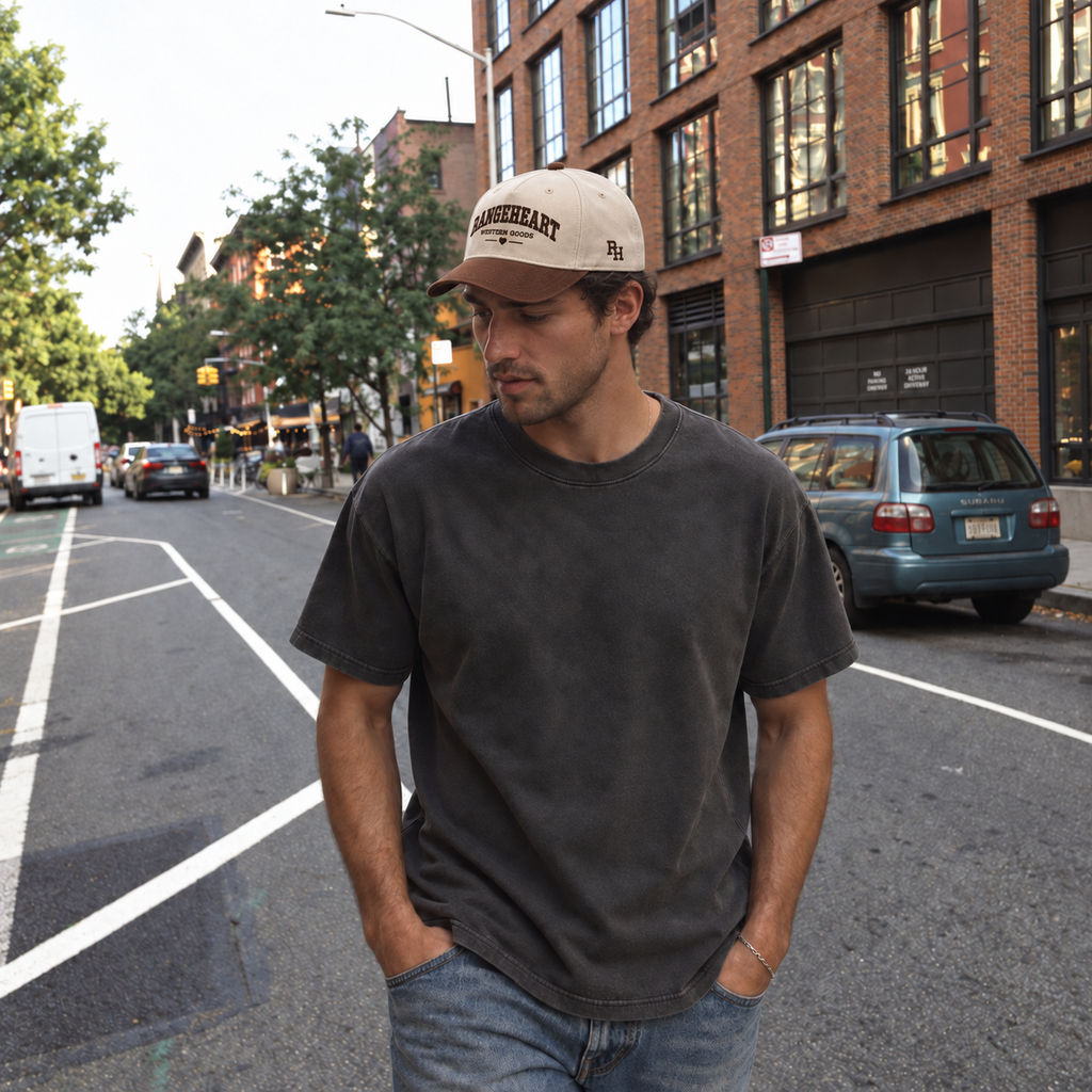 Western Goods Cap in Cream / tobacco — campaign scene