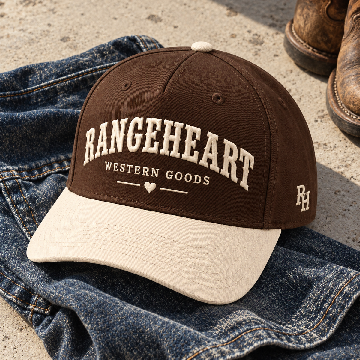 Western Goods Cap in Espresso / cream — styled with denim