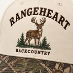 Backcountry Cap in Cream / woodland camo — embroidery detail