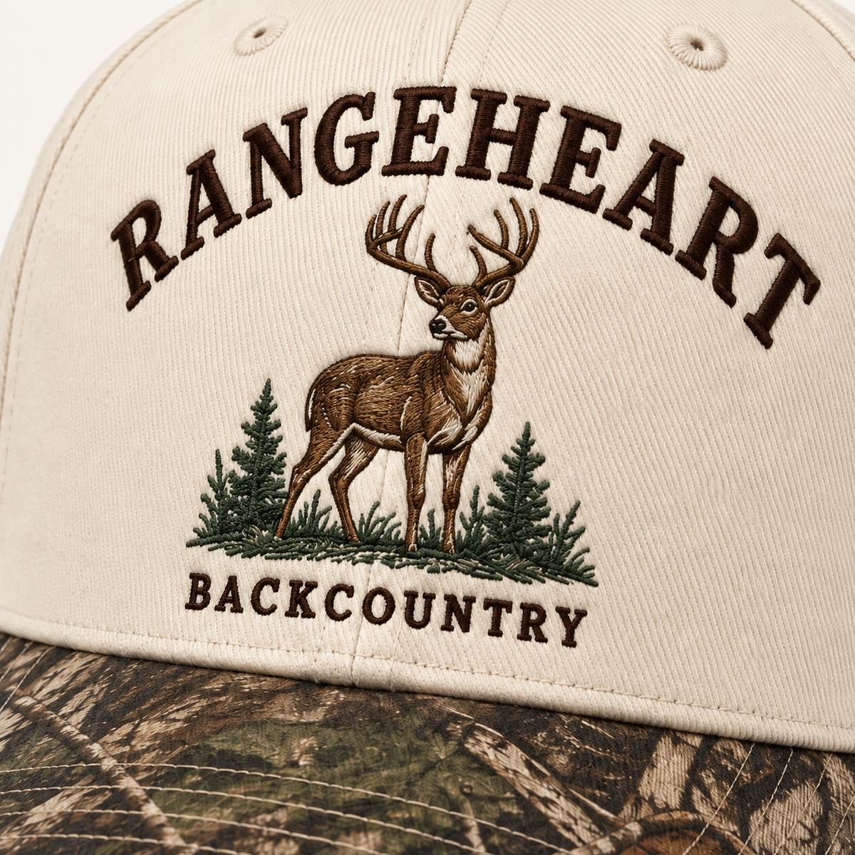 Backcountry Cap in Cream / woodland camo — embroidery detail