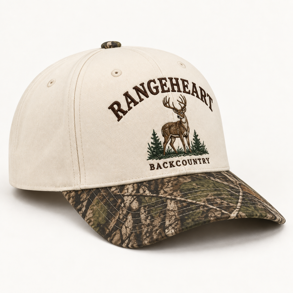 Backcountry Cap in Cream / woodland camo — side angle