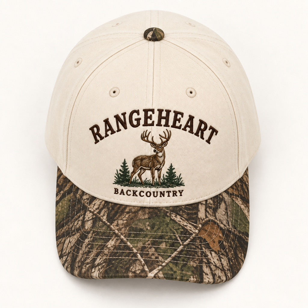 Backcountry Cap in Cream / woodland camo — overhead view