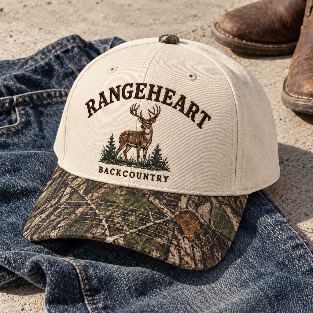 Backcountry Cap in Cream / woodland camo — styled with denim