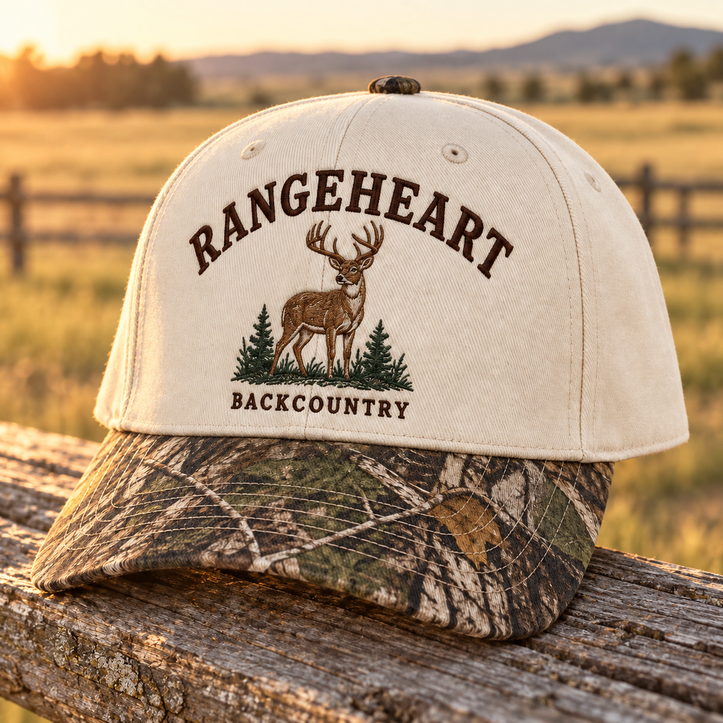 Backcountry Cap in Cream / woodland camo — in golden sunlight