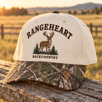 Backcountry Cap in Cream / woodland camo — in golden sunlight