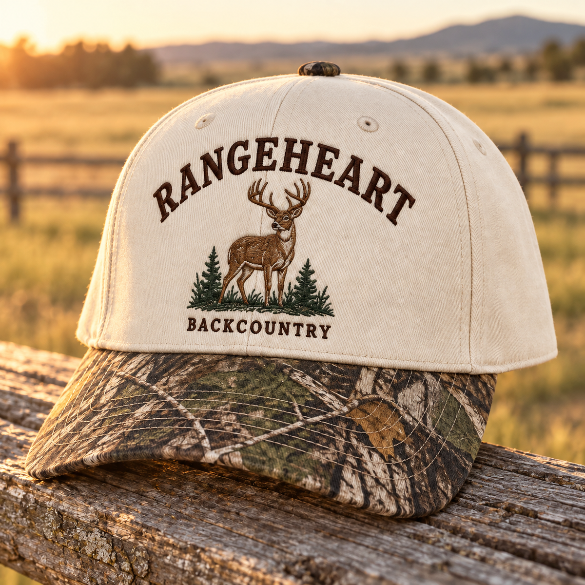 Backcountry Cap in Cream / woodland camo — in golden sunlight