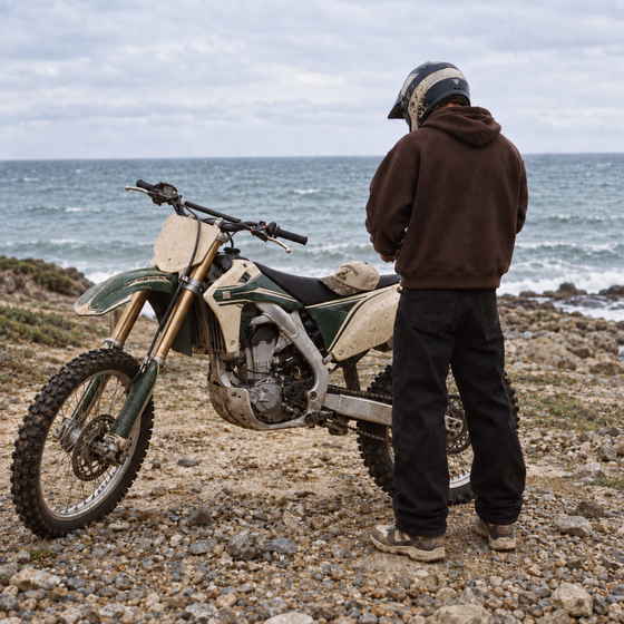 Backcountry Cap in Cream / woodland camo on a coastal motorcycle stop