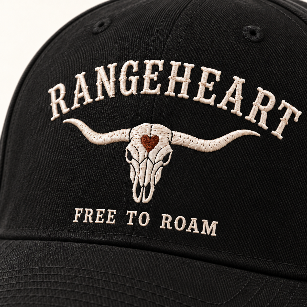 Free to Roam Cap in Black / cream — embroidery detail