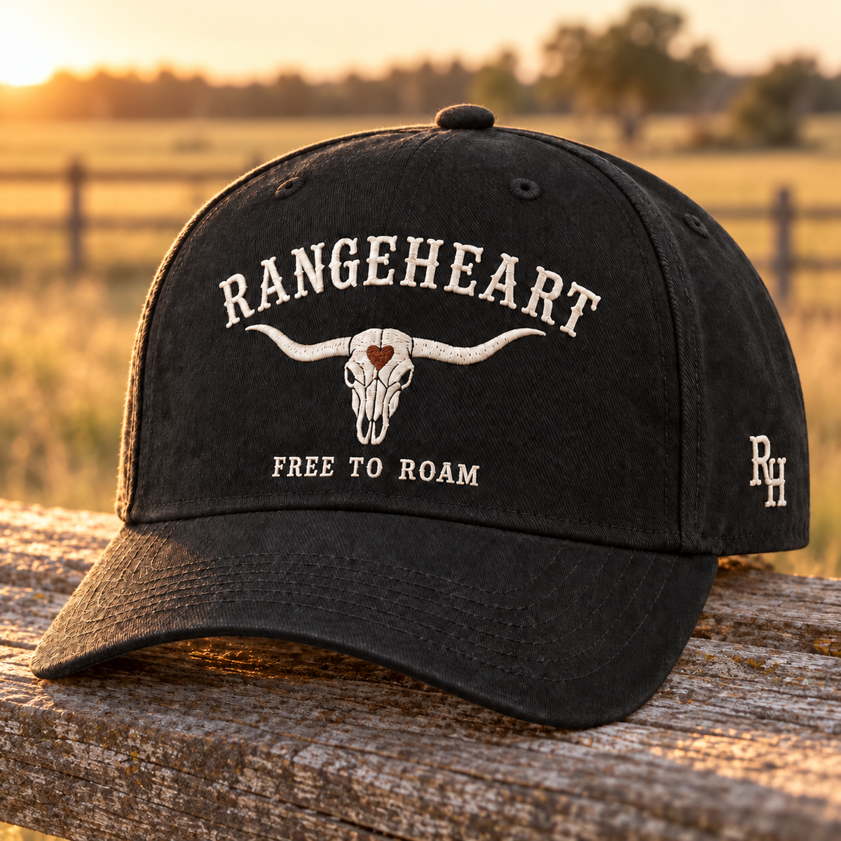 Free to Roam Cap in Black / cream — in golden sunlight