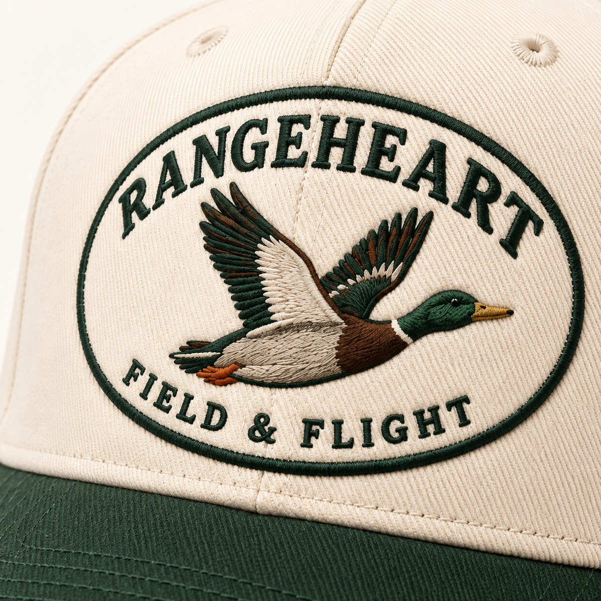 Field & Flight Cap in Cream / forest green — embroidery detail