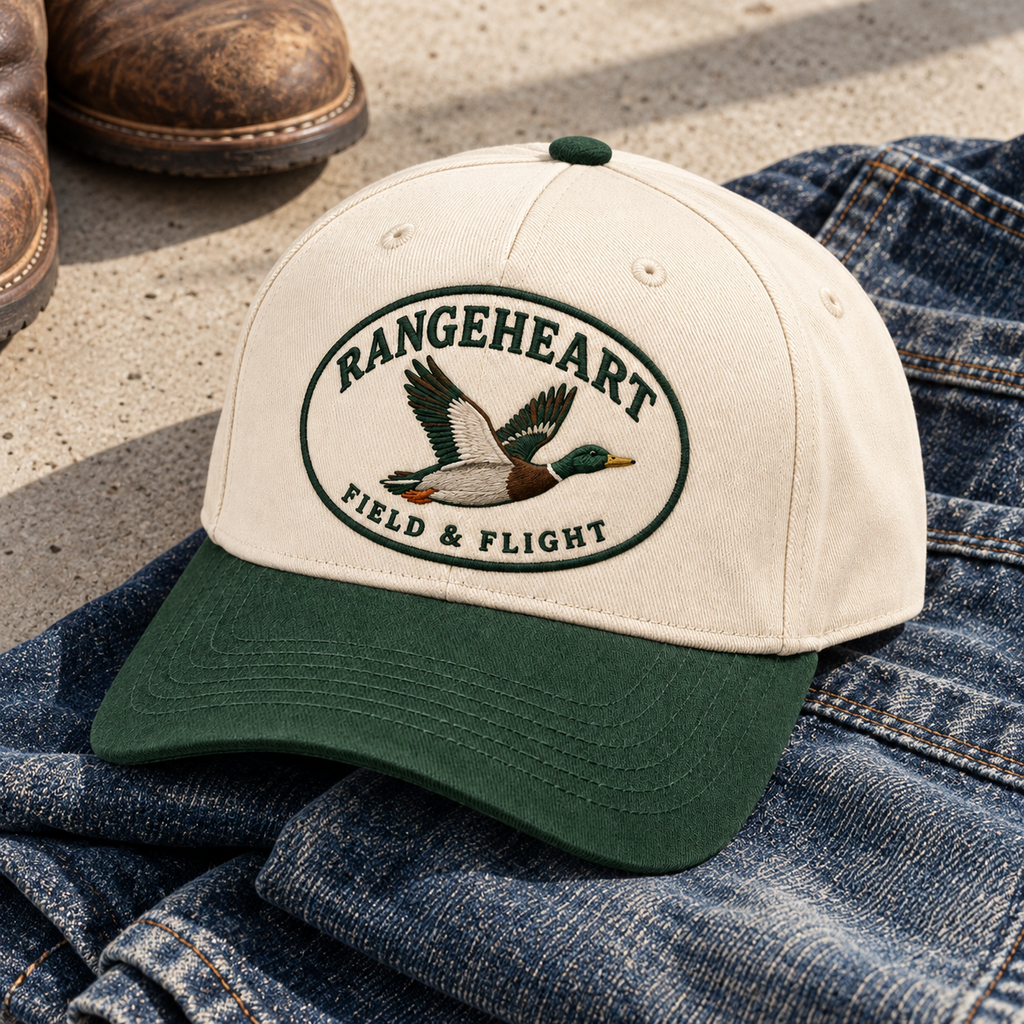 Field & Flight Cap in Cream / forest green — styled with denim