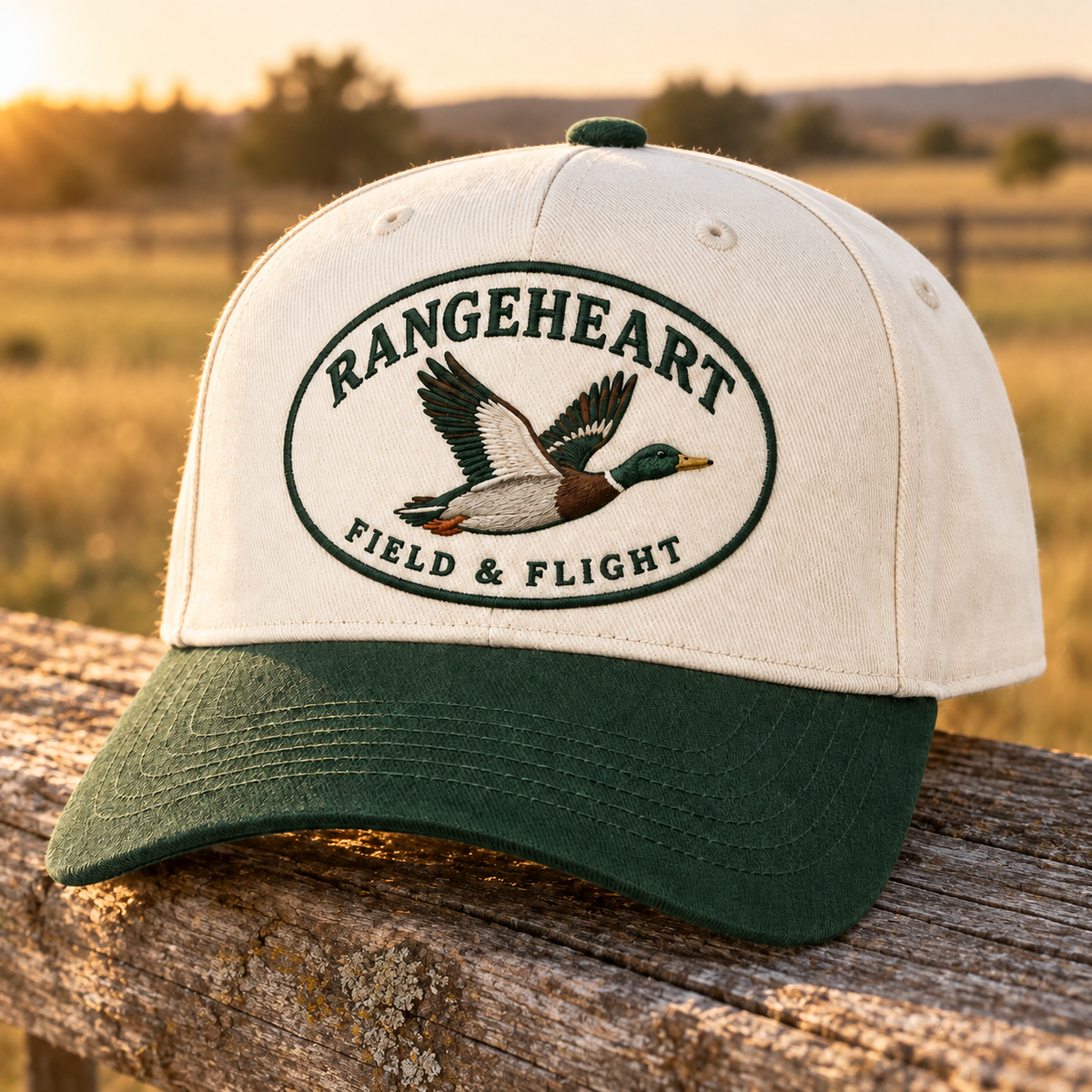 Field & Flight Cap in Cream / forest green — in golden sunlight
