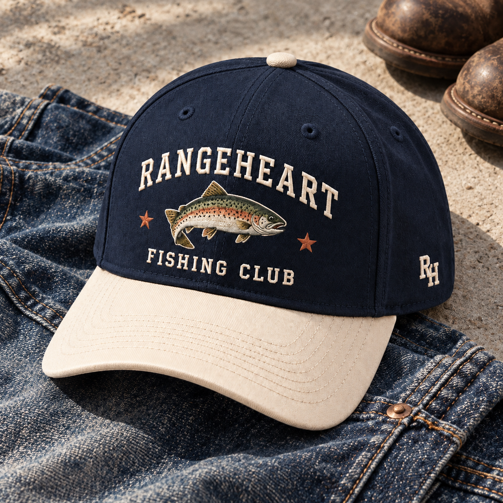 After Hours Fishing Cap in Navy / cream — styled with denim