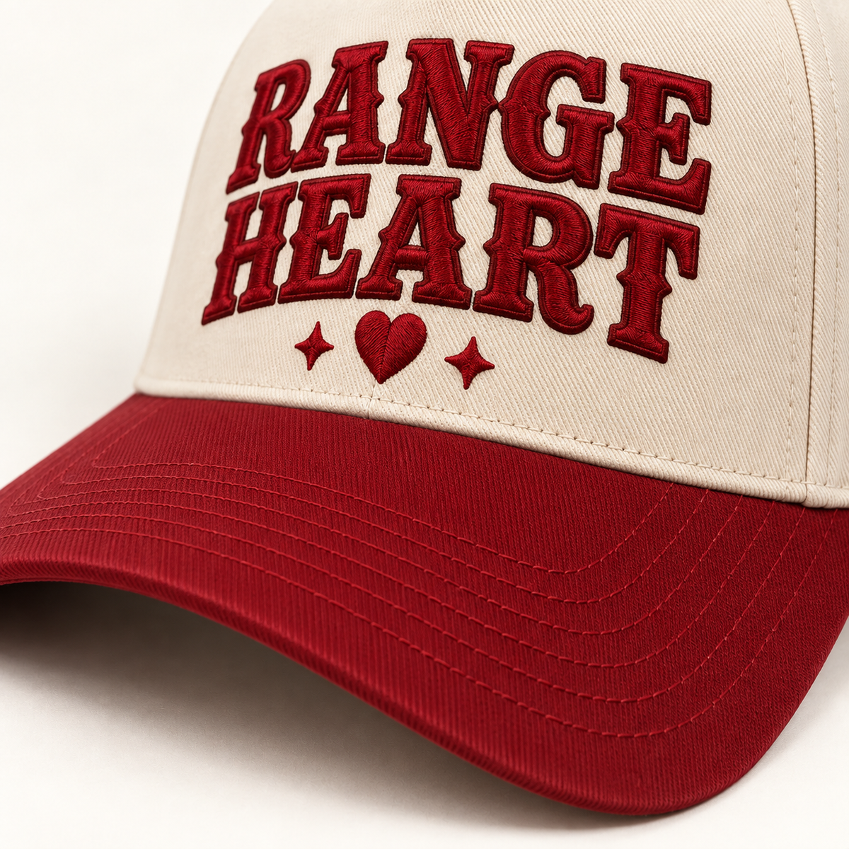 Rangeheart Red Cap in Red / cream — brim detail
