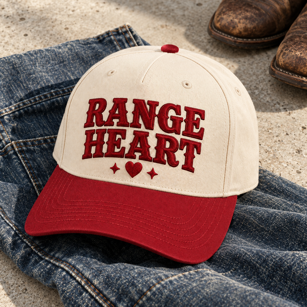 Rangeheart Red Cap in Red / cream — styled with denim