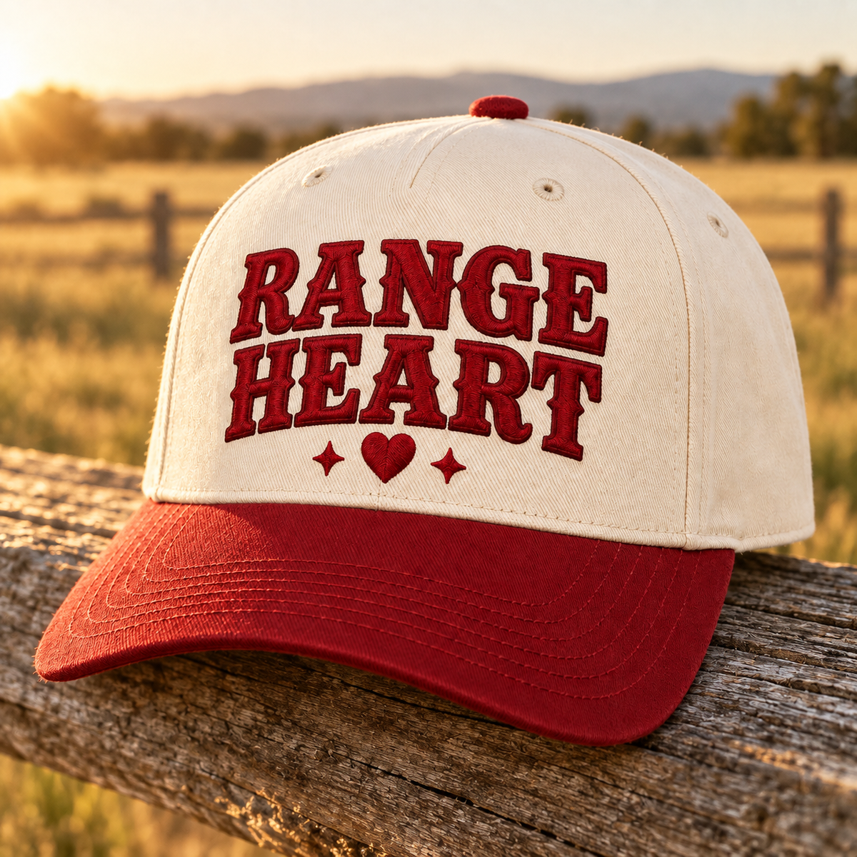 Rangeheart Red Cap in Red / cream — in golden sunlight