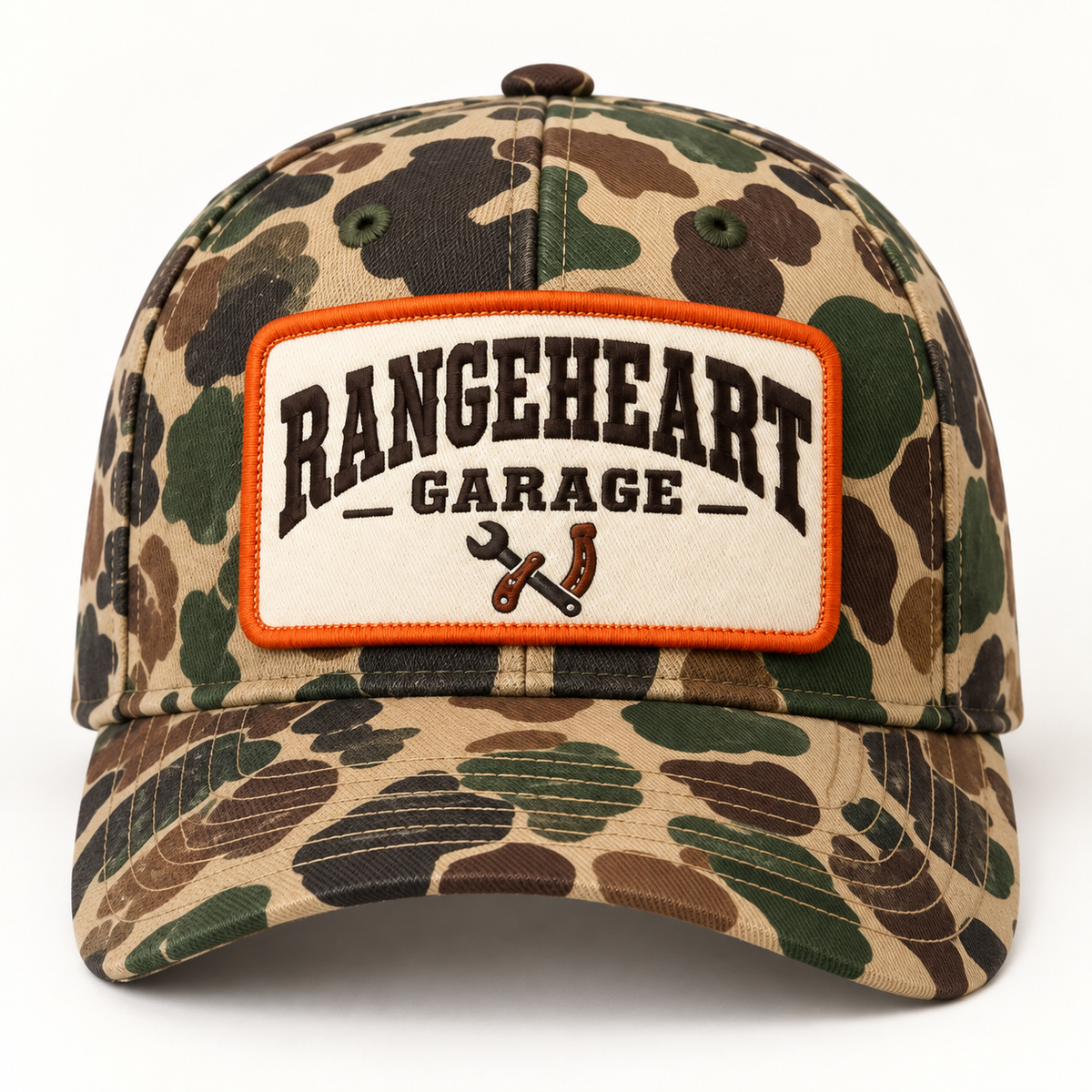 Garage Cap in Woodland camo / orange — front view