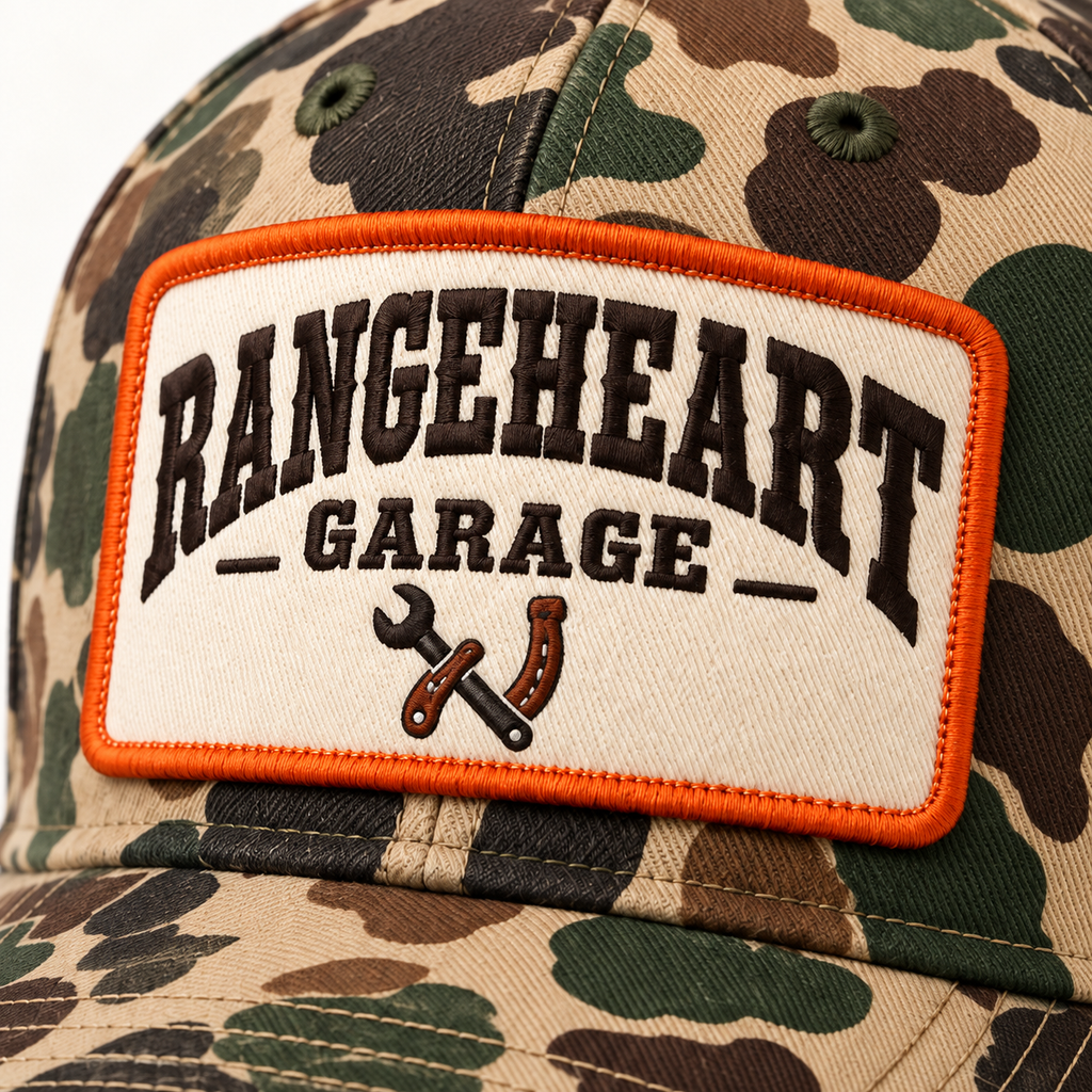 Garage Cap in Woodland camo / orange — embroidery detail