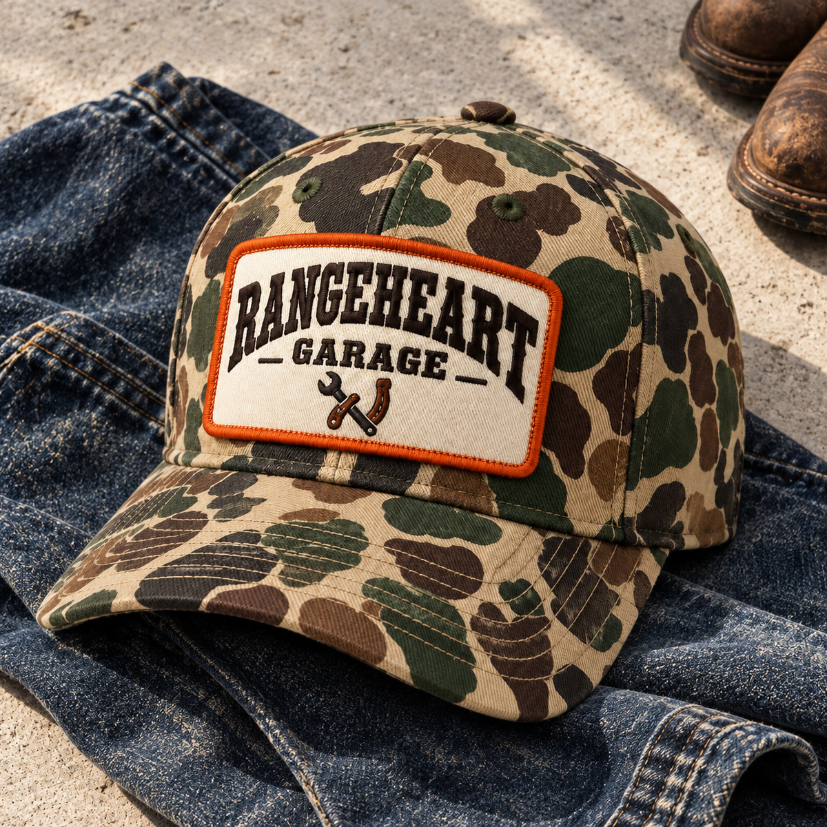 Garage Cap in Woodland camo / orange — styled with denim
