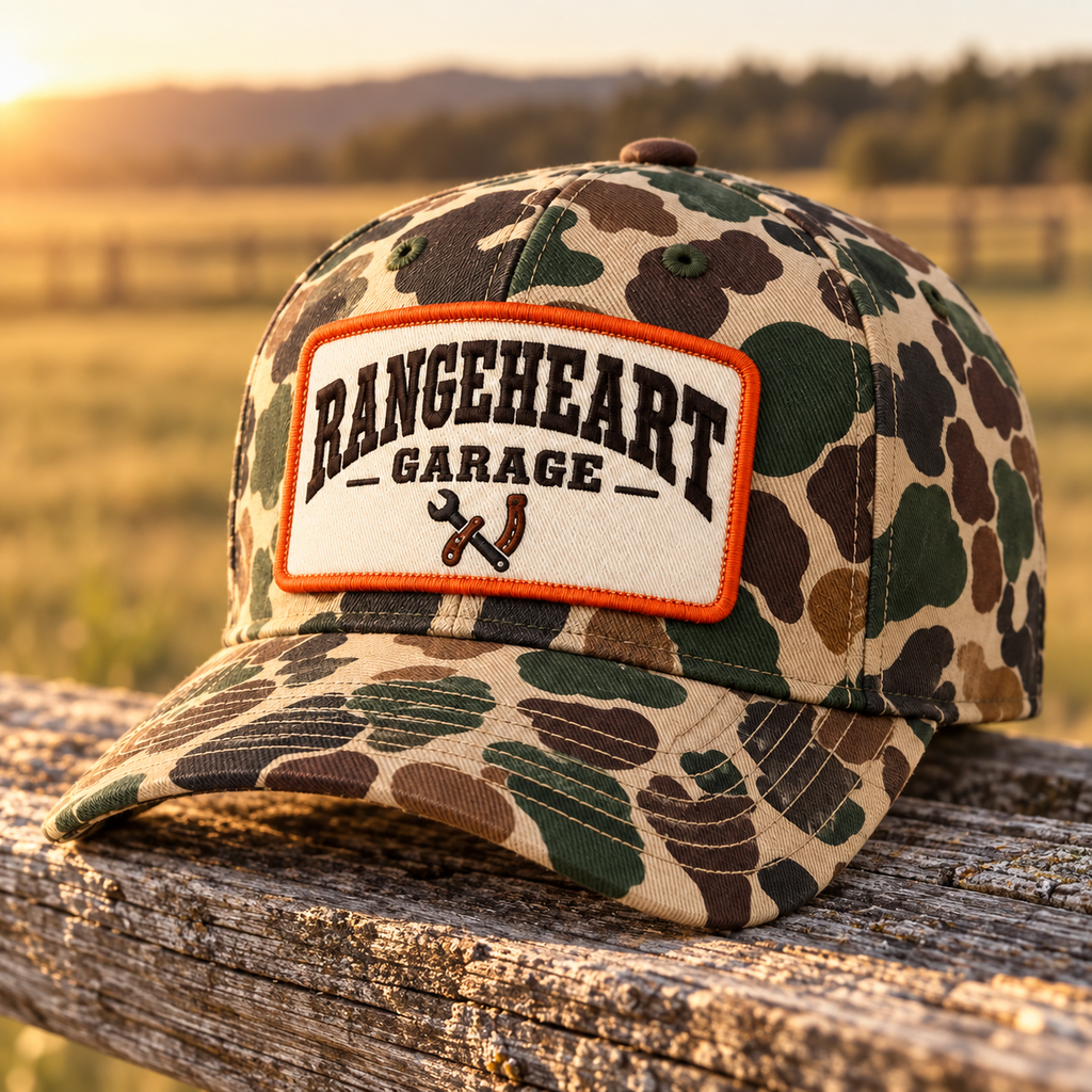Garage Cap in Woodland camo / orange — in golden sunlight