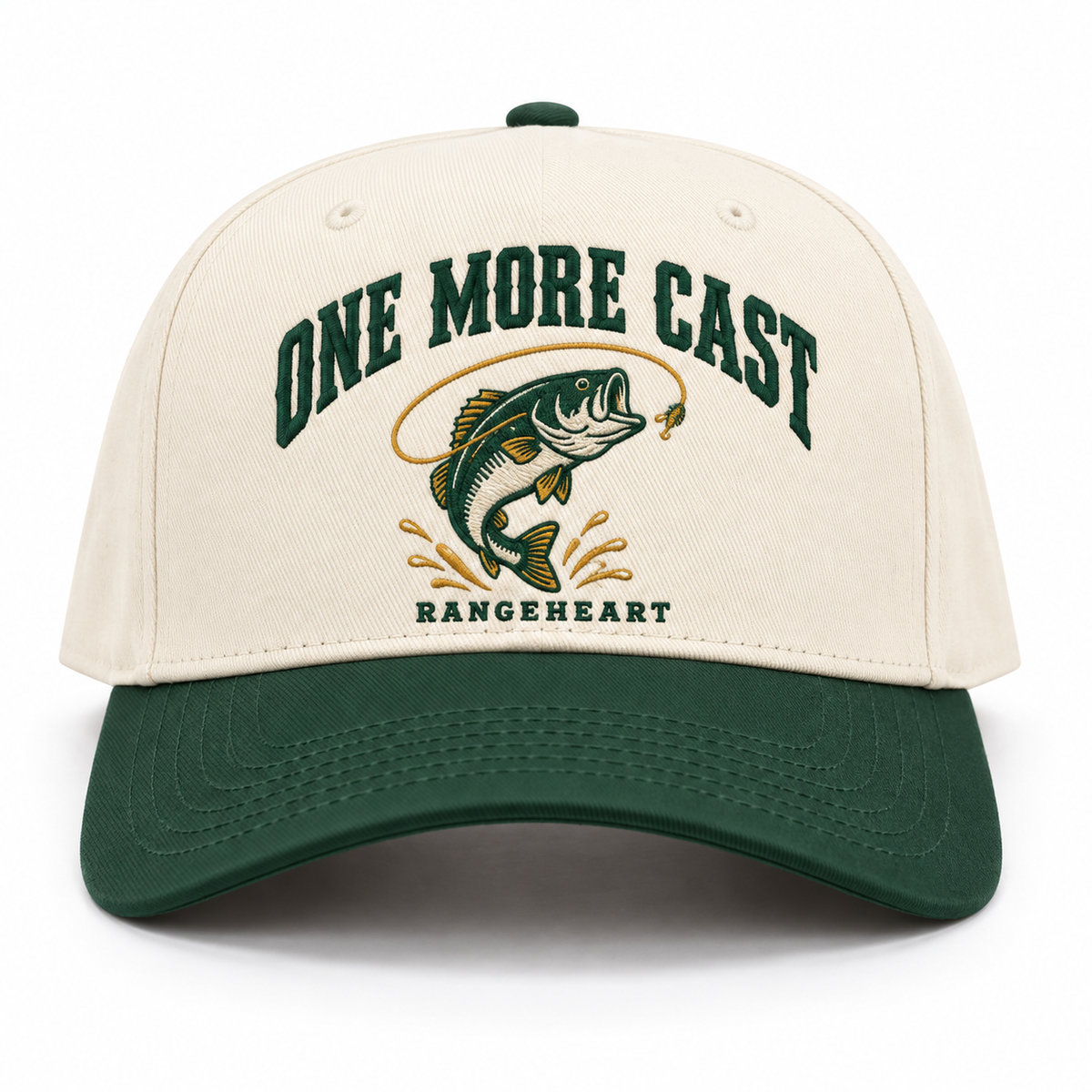One More Cast baseball cap in Cream / forest green — front view