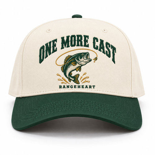 One More Cast baseball cap in Cream / forest green — front view