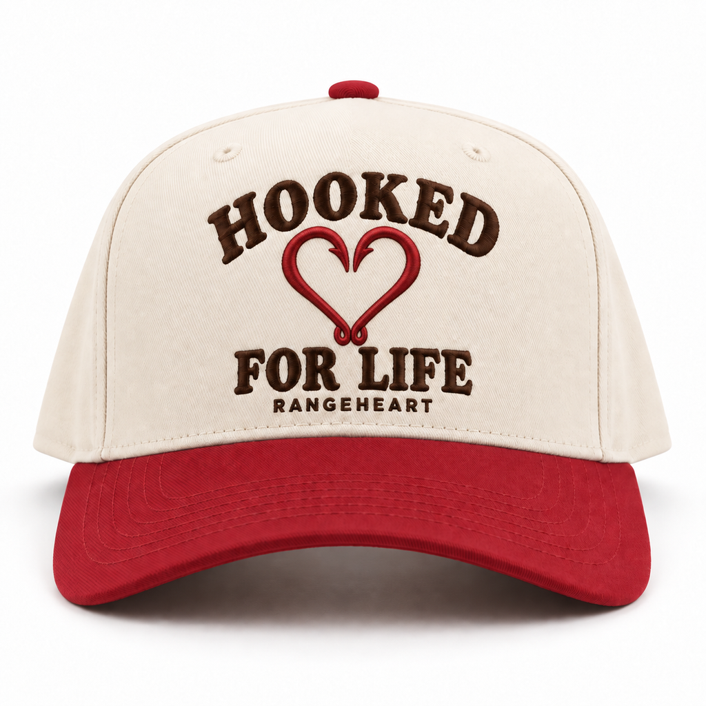 Hooked for Life baseball cap in Cream / red — front view