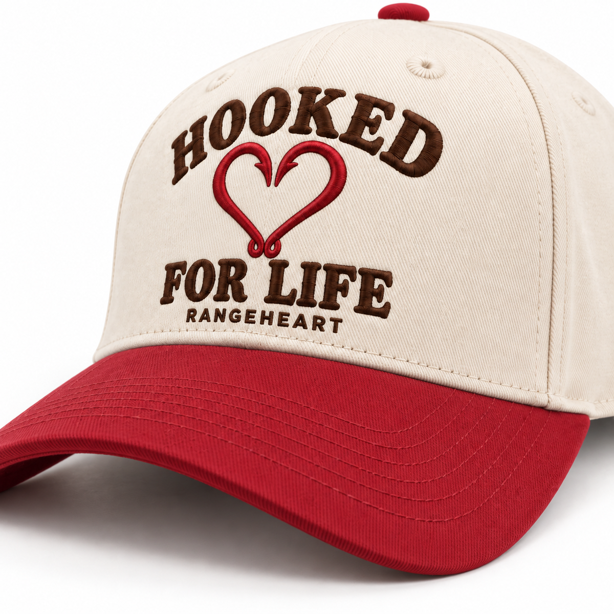 Hooked for Life Cap — brim and crown detail