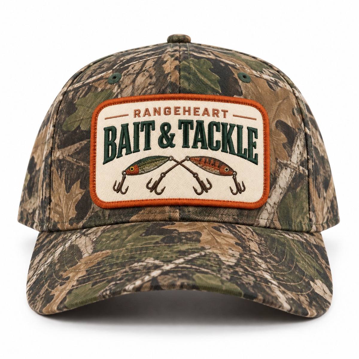 Bait & Tackle baseball cap in Woodland camo / orange — front view
