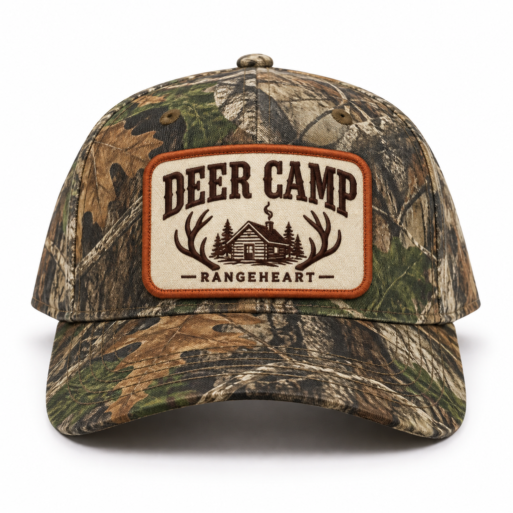 Deer Camp baseball cap in Woodland camo / orange — front view