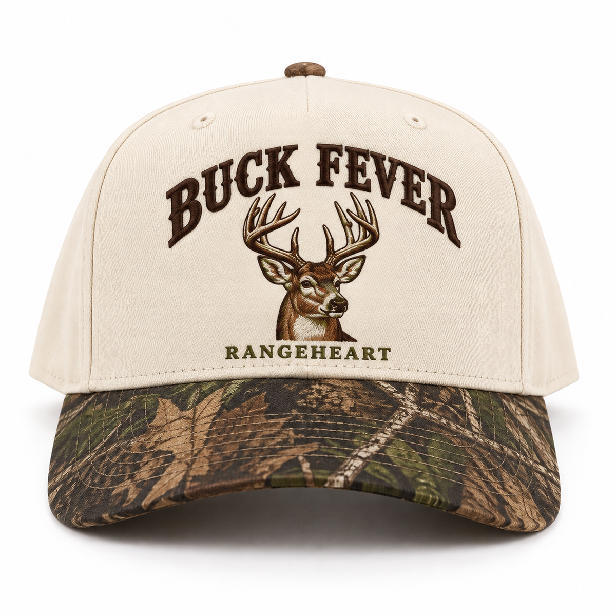 Buck Fever baseball cap in Cream / woodland camo — front view