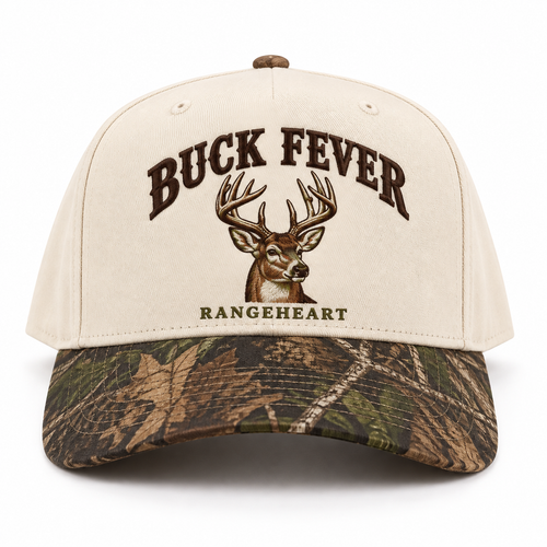 Buck Fever baseball cap in Cream / woodland camo — front view