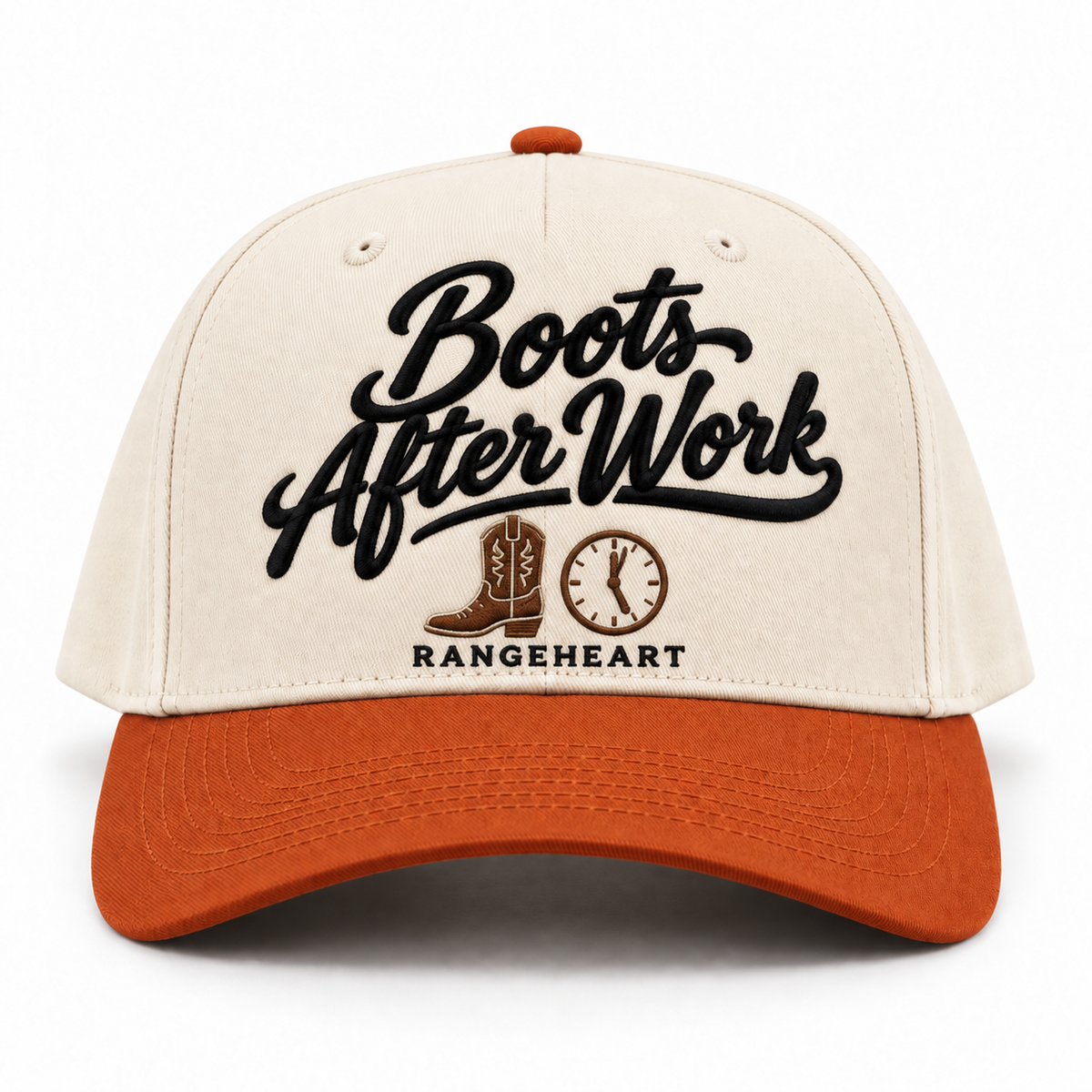 Boots After Work baseball cap in Cream / burnt orange — front view