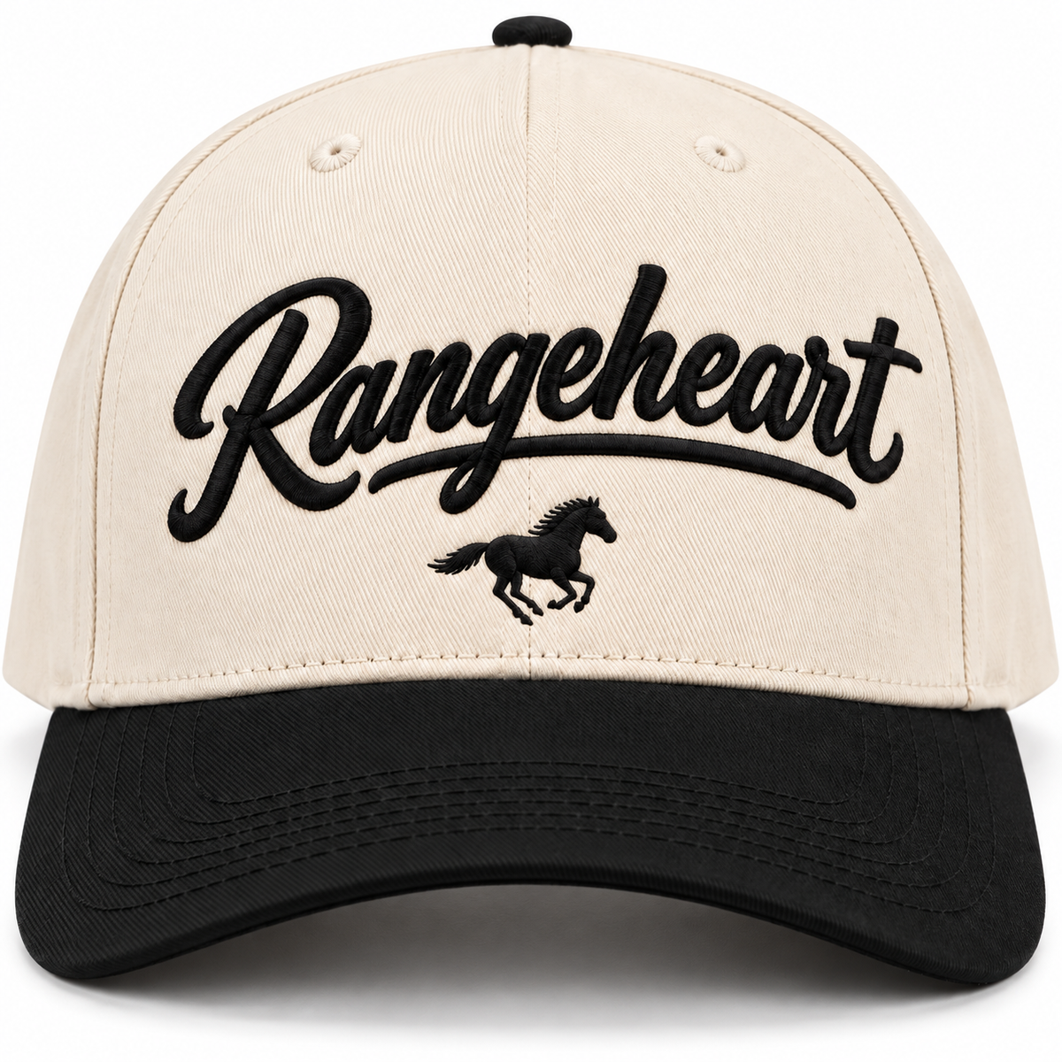 Rangeheart Horse Cap — embroidery detail in the studio