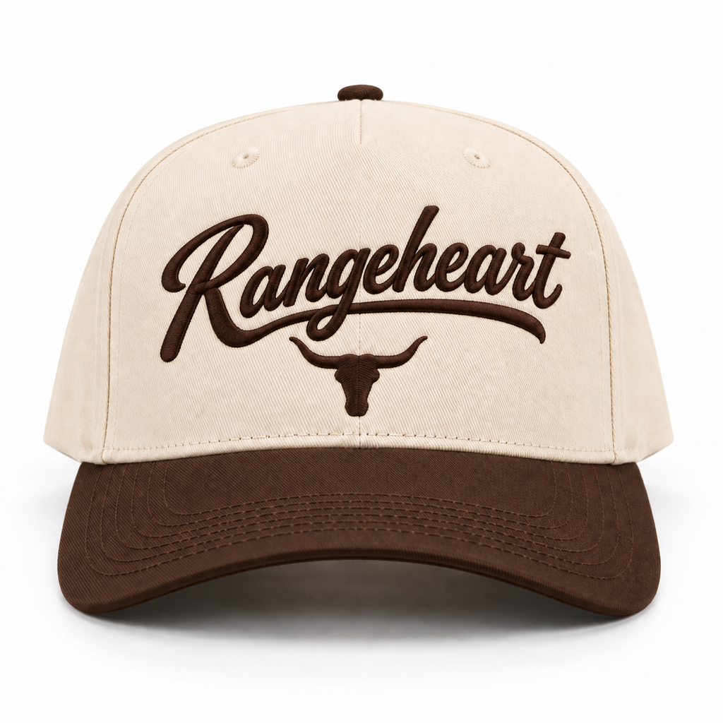 Rangeheart Bull baseball cap in Cream / tobacco — front view