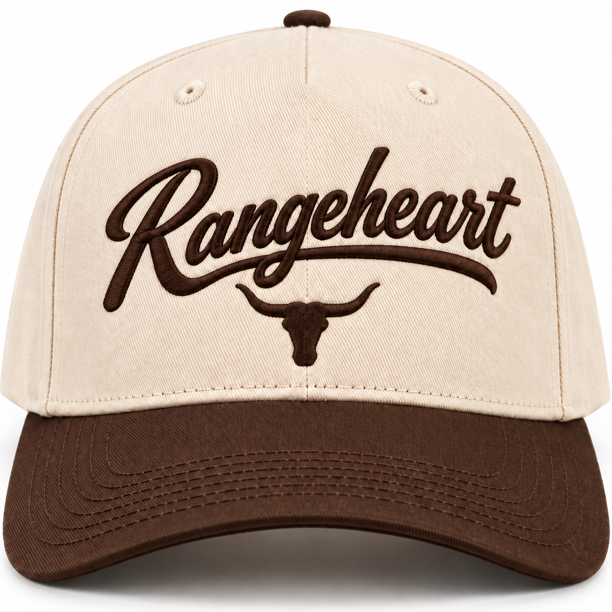 Rangeheart Bull Cap — embroidery detail in the studio