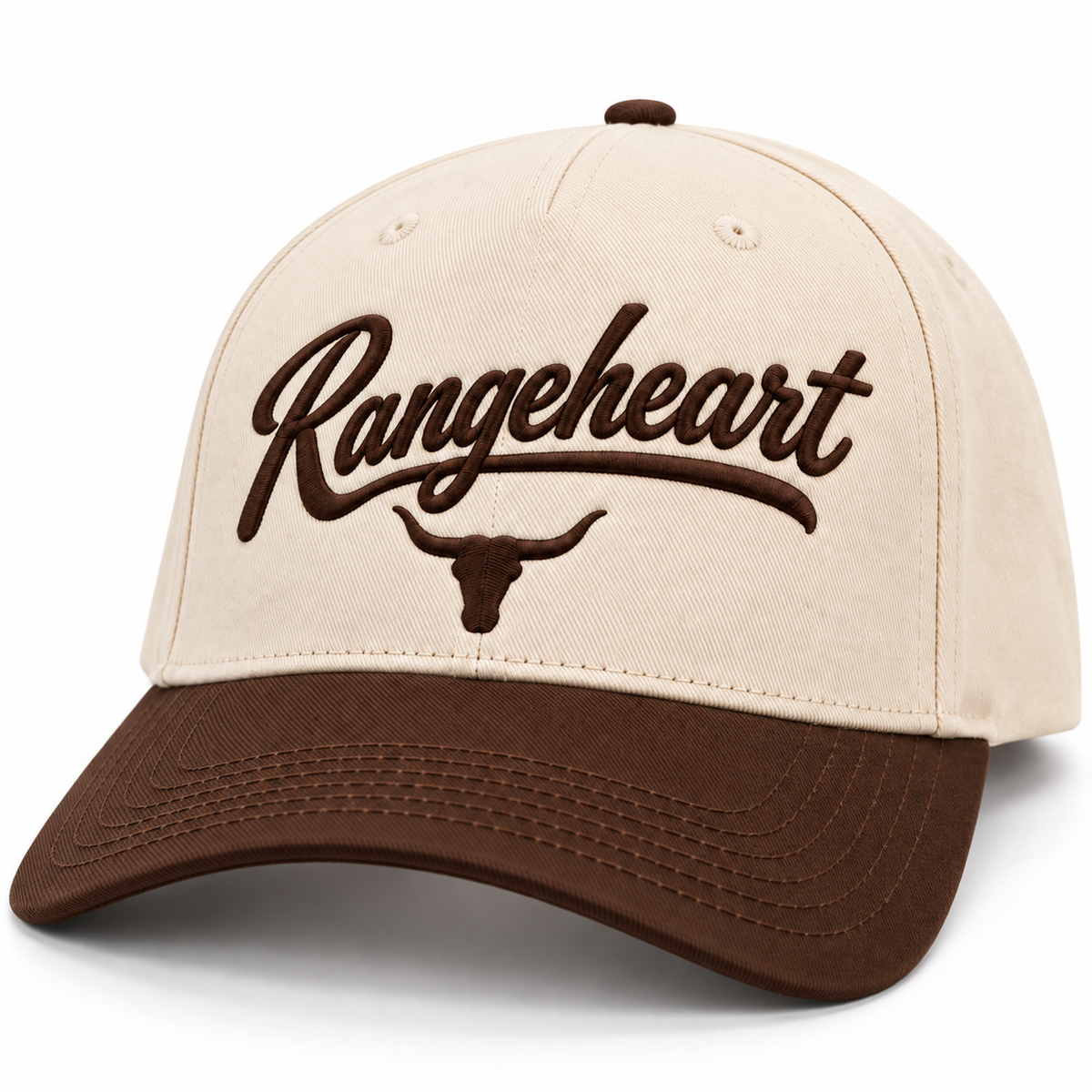 Rangeheart Bull Cap — brim and crown detail in the studio