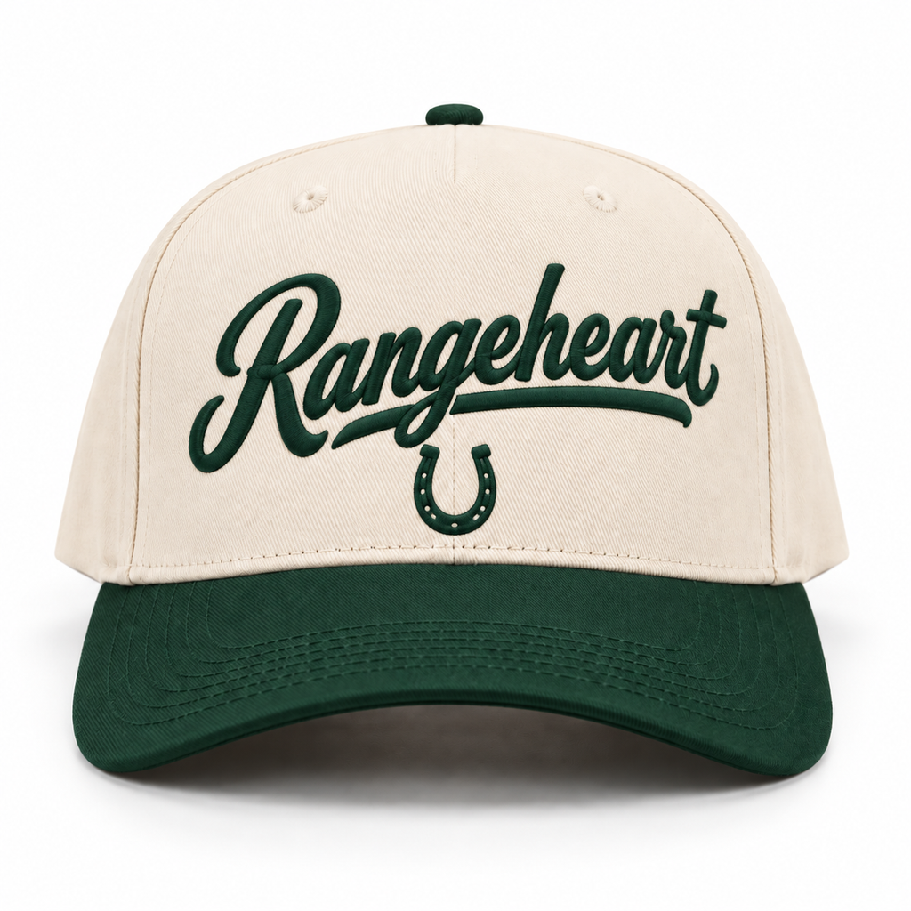 Rangeheart Horseshoe baseball cap in Cream / forest green — front view