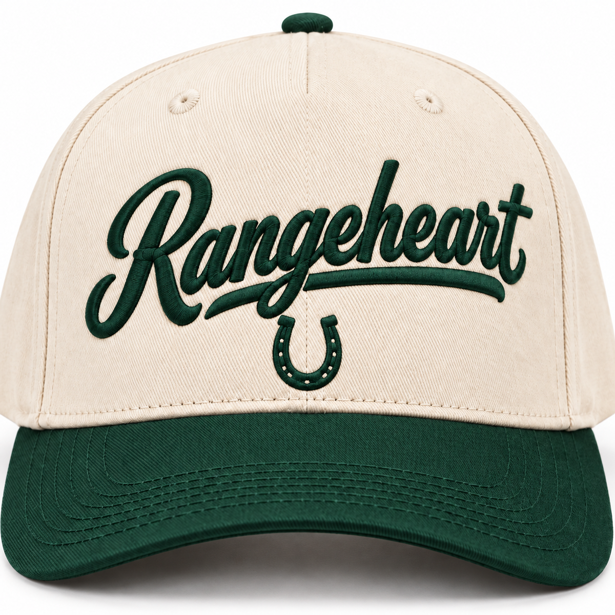 Rangeheart Horseshoe Cap — embroidery detail in the studio