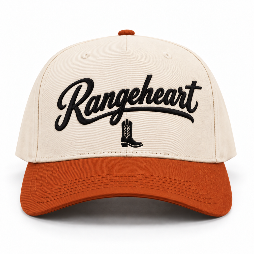 Rangeheart Boot baseball cap in Cream / burnt orange — front view